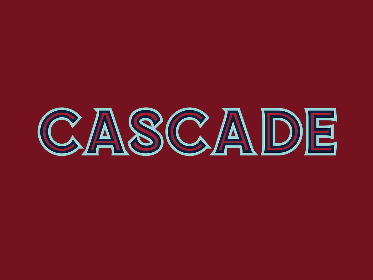 Cascade logo in teal, red and navy overlayed on a red background