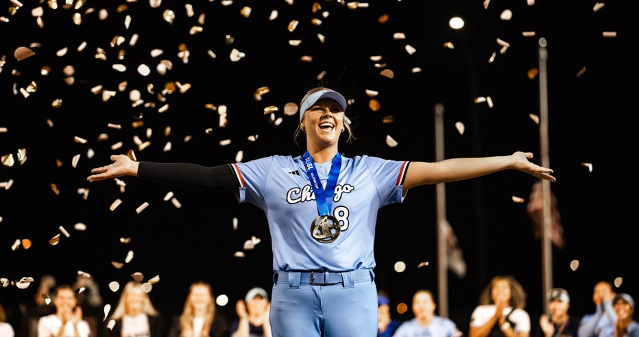 Lexi Kilfoyl is showered in confetti with her arms outstretched after winning the 2026 AUSL All-Star Cup.