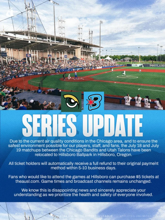 ð¨IMPORTANT UPDATEð¨
Due to the current air quality conditions in the Chicago area, and to ensure the safest environment possible for our players, staff, and fans, the July 18 and July 19 matchups between the Chicago Bandits and Utah Talons have been relocated to Hillsboro Ballpark in Hillsboro, Oregon.