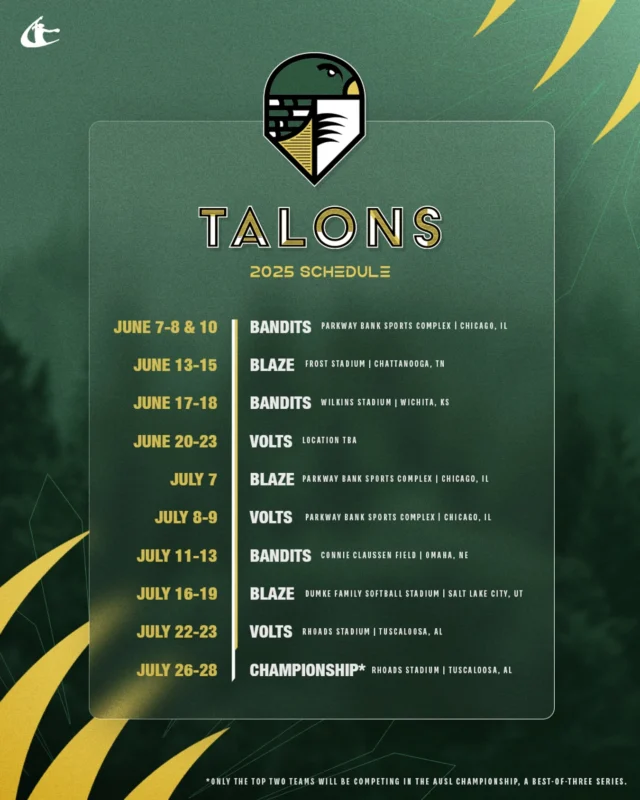 Time to get to work.
Here is the Talons 2025 Schedule ð