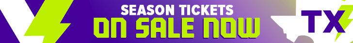 Purple background with Texas Volts logo and 'Season Tickets On Sale Now'
