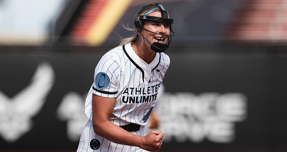 Pitcher Alyssa Denham fist bumps in celebration
