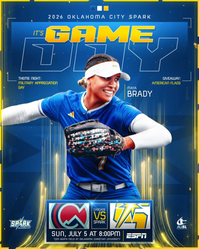 sunday funday ðºð¸

ð Portland Cascade
ð Oklahoma Christian University
â° 8 p.m. CT
ðº ESPN
ðï¸ theausl.com/spark
ðºð¸ Military get in FREE w/ military ID 
ð©ð½âð @ok_christian students get in FREE w/ student ID
ðââï¸ Kids Run the Bases post-game
âð¼ Post-Game Autographs with @mayabrady_ @sydneysherrilll @sydneymck00 @sg.gordon