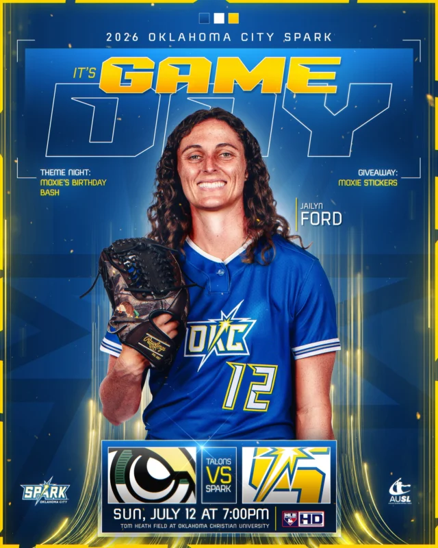 okc finale ð«¡
ð Utah Talons
ð Oklahoma Christian University
â° 7 p.m. CT
ðº MLB Network
ðï¸ theausl.com/spark
ðââï¸ Kids Run The Bases
âð¼ Postgame Autographs with @_jessiwarren_ @delanieewisz @mariharp_ @__haley__45